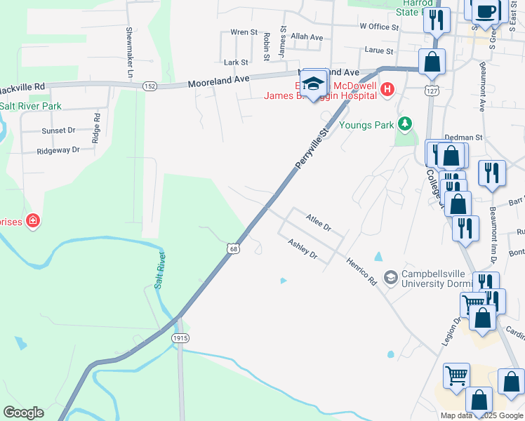 map of restaurants, bars, coffee shops, grocery stores, and more near 100 Prosperous Way in Harrodsburg
