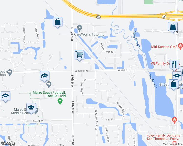 map of restaurants, bars, coffee shops, grocery stores, and more near 3802 Pepper Ridge in Wichita