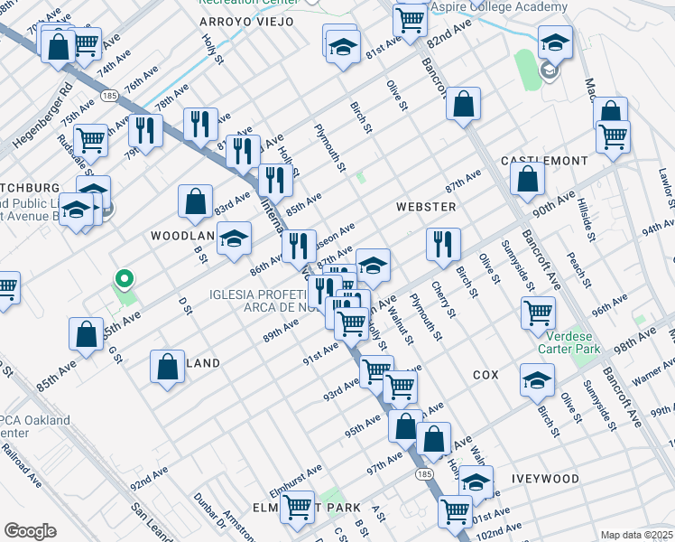map of restaurants, bars, coffee shops, grocery stores, and more near 1441 88th Avenue in Oakland