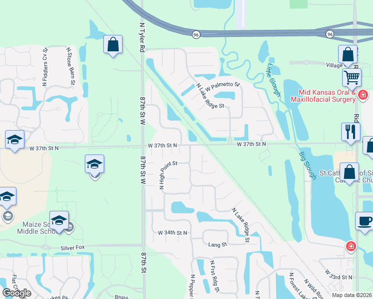 map of restaurants, bars, coffee shops, grocery stores, and more near 3802 Pepper Ridge in Wichita