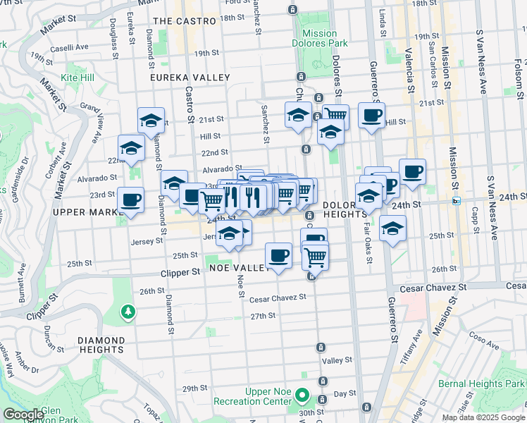 map of restaurants, bars, coffee shops, grocery stores, and more near 1070 Sanchez Street in San Francisco