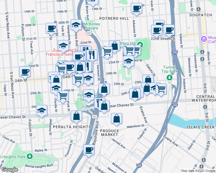 map of restaurants, bars, coffee shops, grocery stores, and more near 1407 Kansas Street in San Francisco