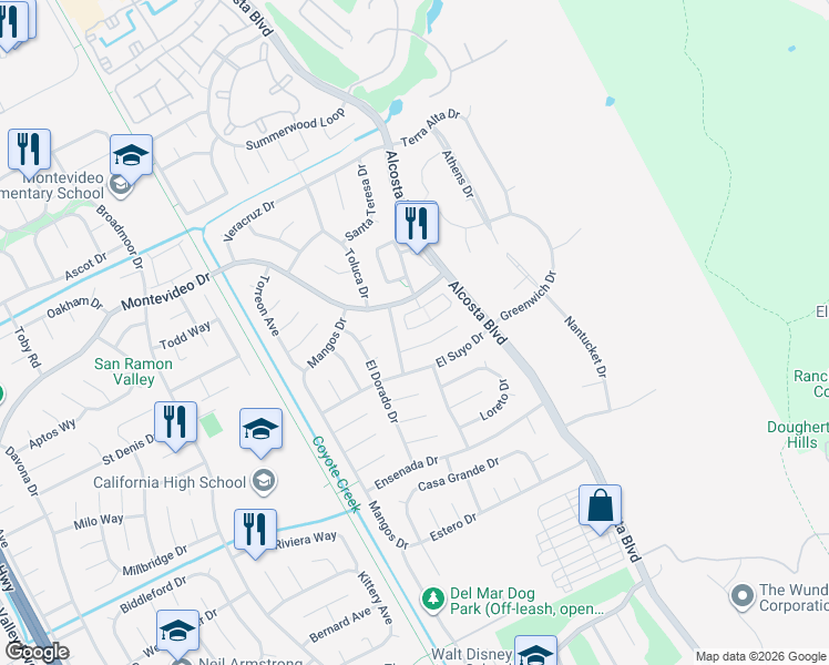 map of restaurants, bars, coffee shops, grocery stores, and more near 326 Meadowood Circle in San Ramon
