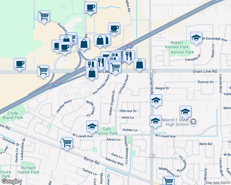 map of restaurants, bars, coffee shops, grocery stores, and more near 2168 Isabel Virginia Drive in Tracy