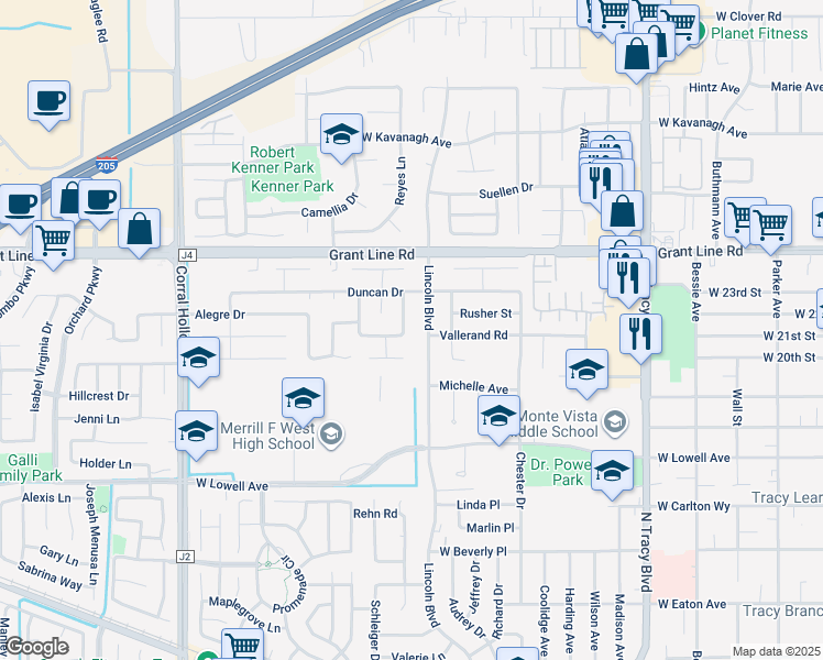 map of restaurants, bars, coffee shops, grocery stores, and more near 2120 Martin Road in Tracy