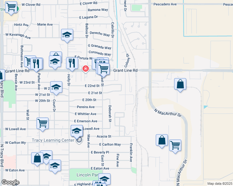 map of restaurants, bars, coffee shops, grocery stores, and more near 358 East 21st Street in Tracy