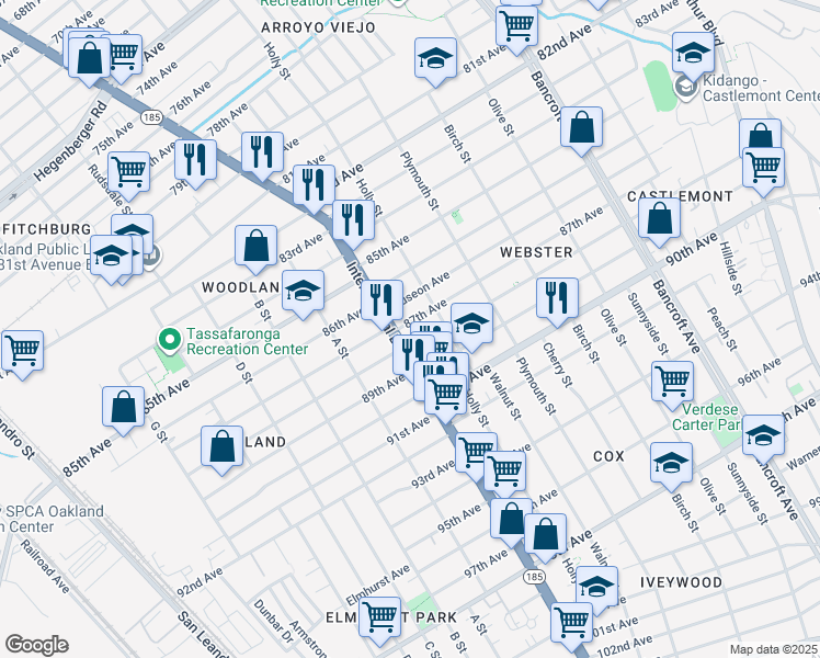 map of restaurants, bars, coffee shops, grocery stores, and more near 1420 87th Avenue in Oakland