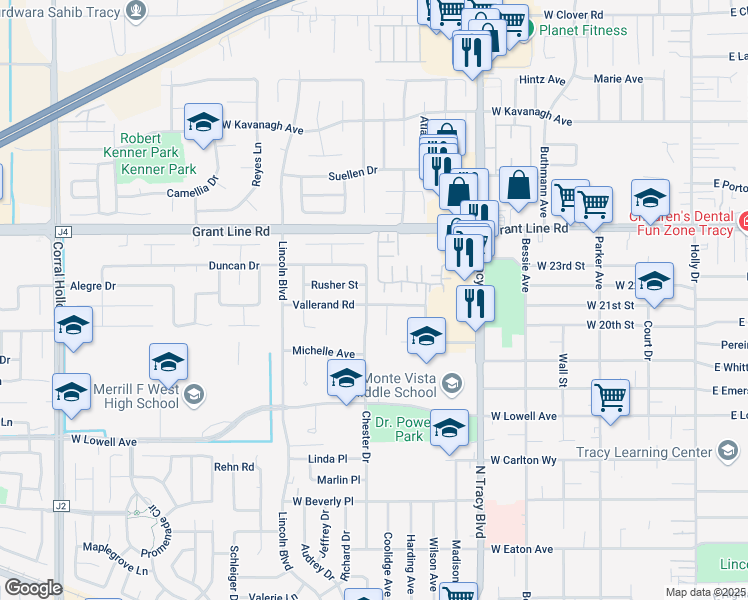 map of restaurants, bars, coffee shops, grocery stores, and more near 1100 Rusher Street in Tracy