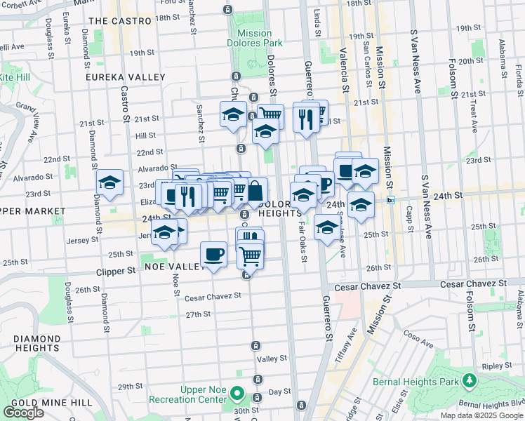 map of restaurants, bars, coffee shops, grocery stores, and more near 24th St & Chattanooga St in San Francisco