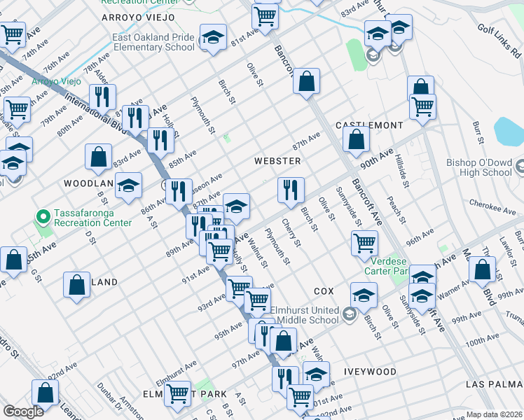map of restaurants, bars, coffee shops, grocery stores, and more near 1641 89th Avenue in Oakland