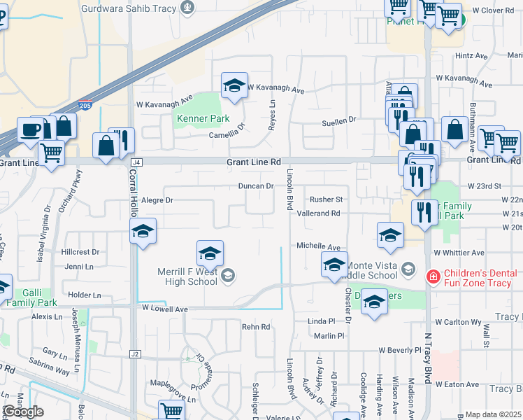 map of restaurants, bars, coffee shops, grocery stores, and more near 1581 W Lynch Dr in Tracy