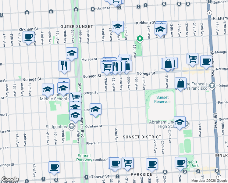 map of restaurants, bars, coffee shops, grocery stores, and more near Ortega St & 32nd Ave in San Francisco