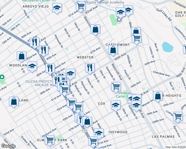 map of restaurants, bars, coffee shops, grocery stores, and more near 1840 90th Avenue in Oakland
