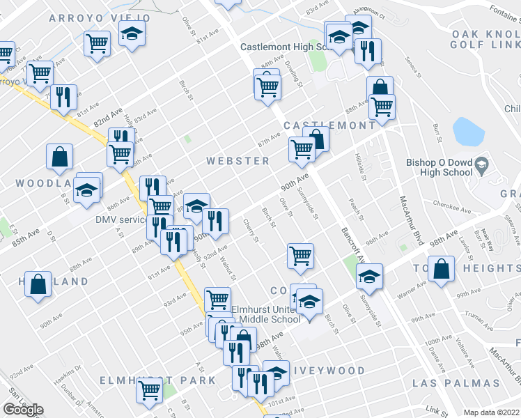 map of restaurants, bars, coffee shops, grocery stores, and more near 1840 90th Avenue in Oakland