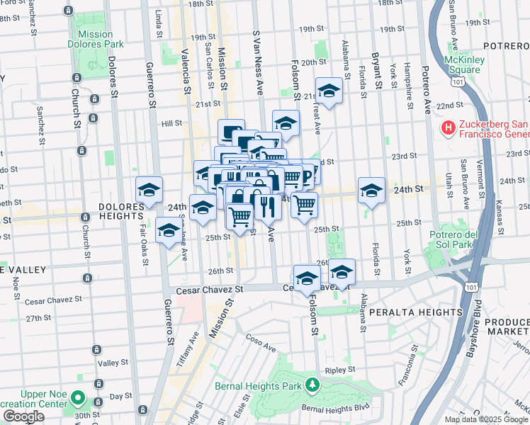 map of restaurants, bars, coffee shops, grocery stores, and more near 1316 South Van Ness Avenue in San Francisco