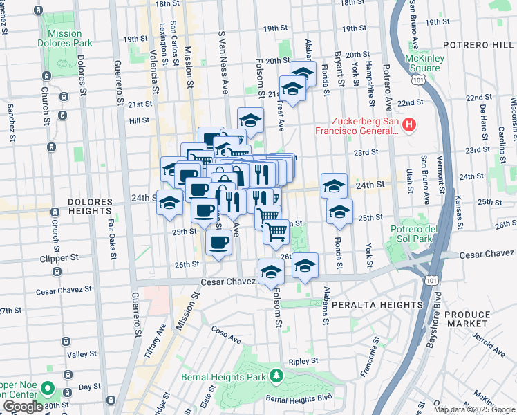 map of restaurants, bars, coffee shops, grocery stores, and more near 1013 Shotwell Street in San Francisco