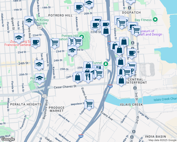 map of restaurants, bars, coffee shops, grocery stores, and more near 1113 Connecticut Street in San Francisco
