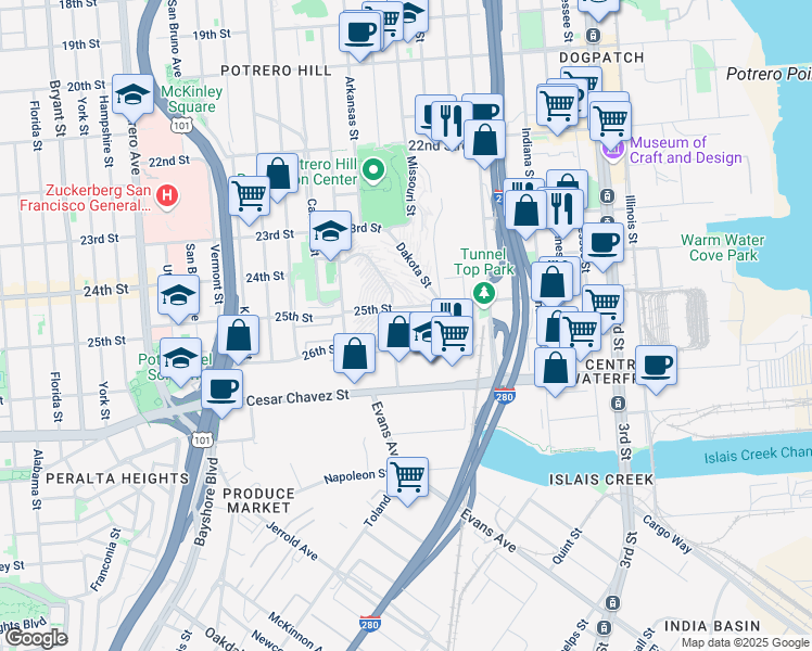 map of restaurants, bars, coffee shops, grocery stores, and more near 1113 Connecticut Street in San Francisco
