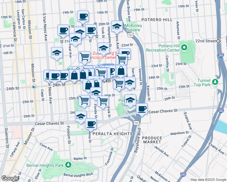 map of restaurants, bars, coffee shops, grocery stores, and more near 1268 Hampshire Street in San Francisco