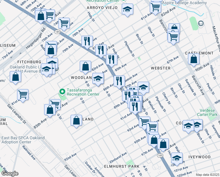 map of restaurants, bars, coffee shops, grocery stores, and more near 1322 86th Avenue in Oakland