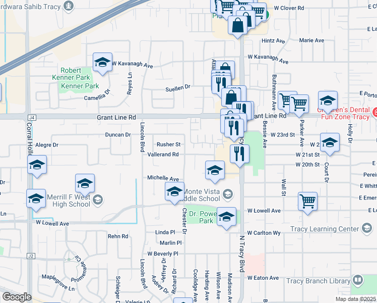 map of restaurants, bars, coffee shops, grocery stores, and more near 1100 Rusher Street in Tracy