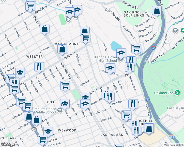 map of restaurants, bars, coffee shops, grocery stores, and more near 9442 MacArthur Boulevard in Oakland