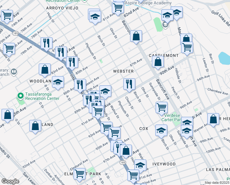 map of restaurants, bars, coffee shops, grocery stores, and more near 1641 89th Avenue in Oakland
