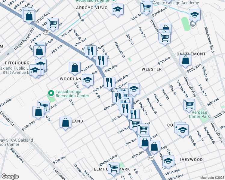 map of restaurants, bars, coffee shops, grocery stores, and more near 8627 International Boulevard in Oakland