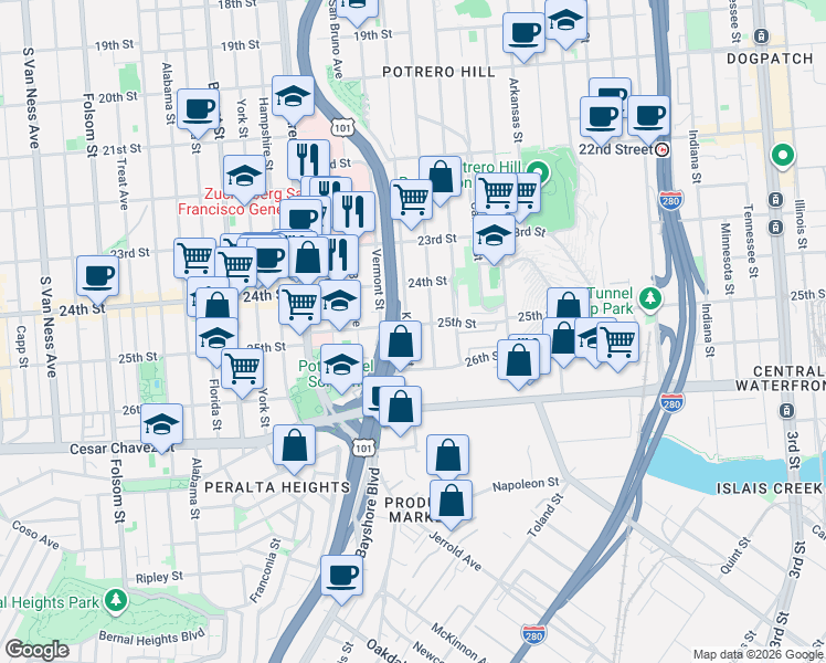map of restaurants, bars, coffee shops, grocery stores, and more near in San Francisco