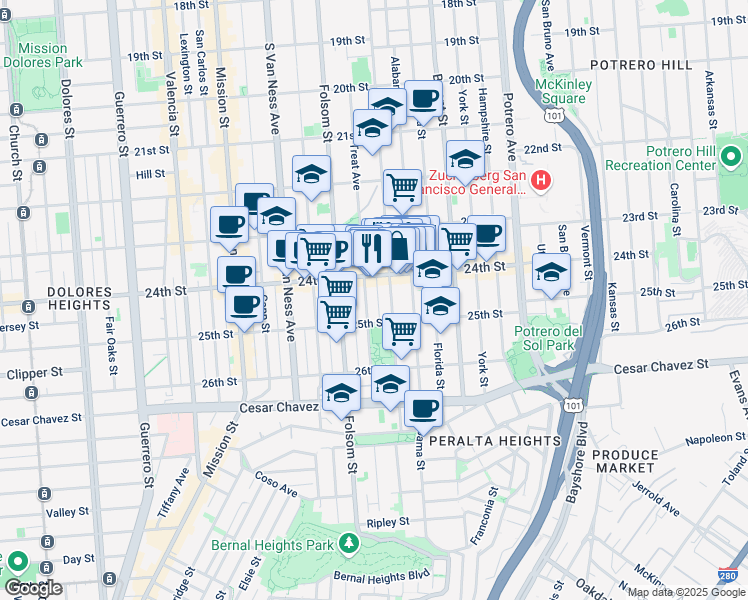 map of restaurants, bars, coffee shops, grocery stores, and more near in San Francisco