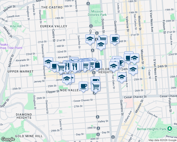 map of restaurants, bars, coffee shops, grocery stores, and more near 3812 24th Street in San Francisco