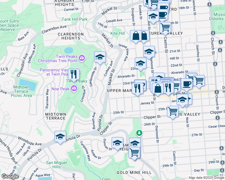 map of restaurants, bars, coffee shops, grocery stores, and more near 970 Elizabeth Street in San Francisco