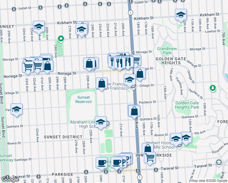 map of restaurants, bars, coffee shops, grocery stores, and more near 1910 22nd Avenue in San Francisco
