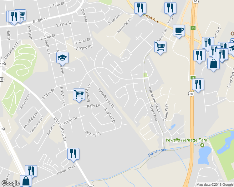 map of restaurants, bars, coffee shops, grocery stores, and more near 2633 Rush Trail in Owensboro