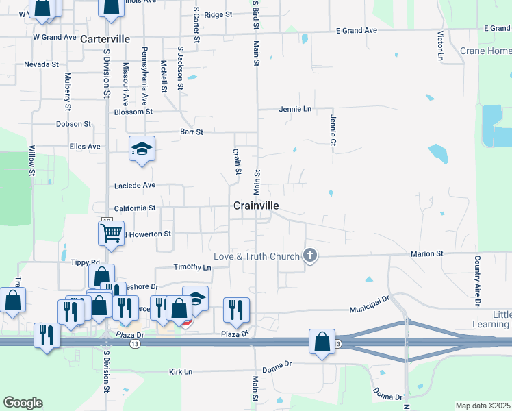 map of restaurants, bars, coffee shops, grocery stores, and more near in Crainville