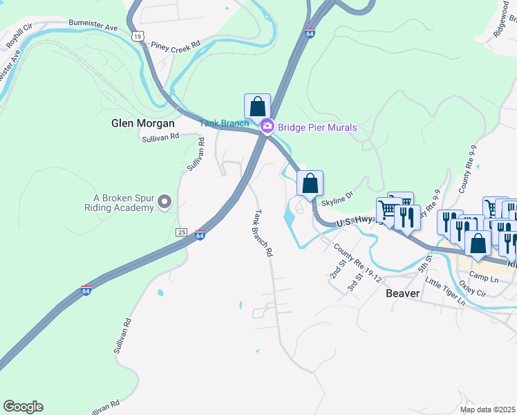 map of restaurants, bars, coffee shops, grocery stores, and more near Tank Branch Road in Beaver