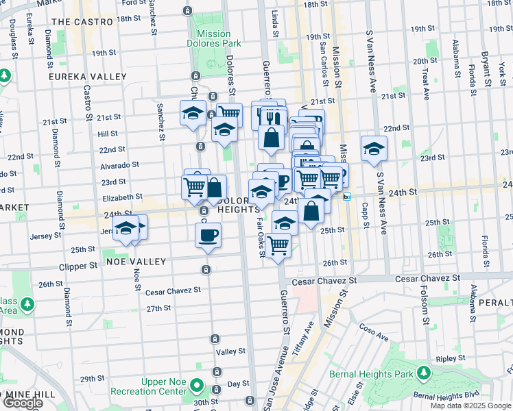 map of restaurants, bars, coffee shops, grocery stores, and more near 3651 24th Street in San Francisco