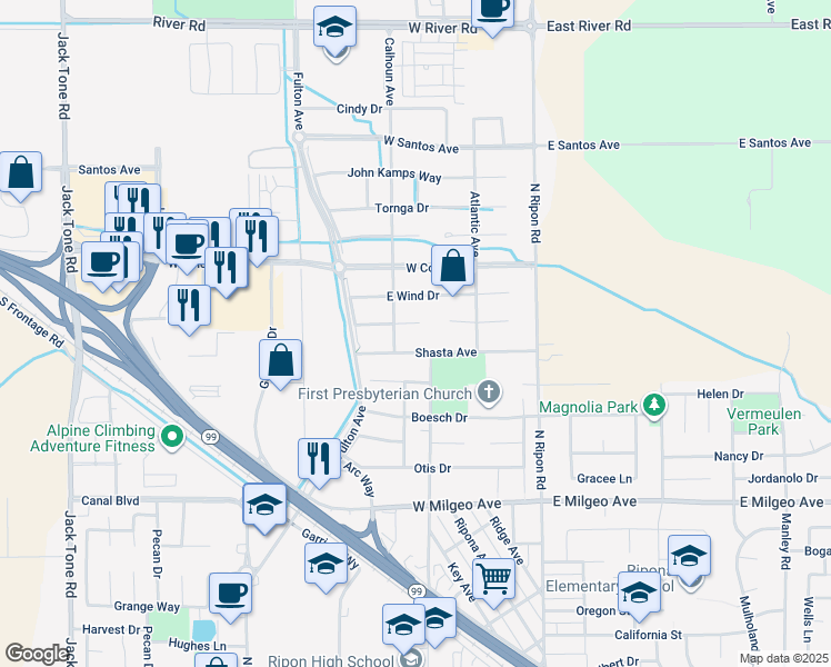 map of restaurants, bars, coffee shops, grocery stores, and more near 448 Van Slyke Court in Ripon