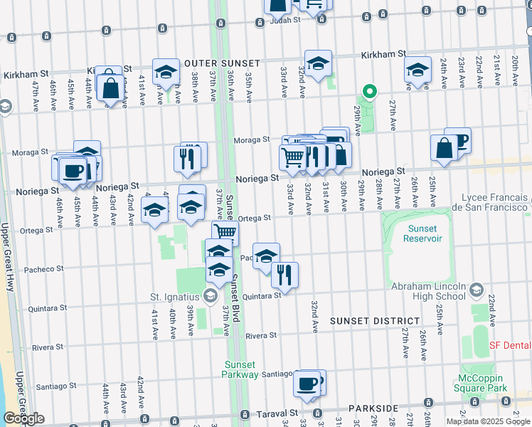 map of restaurants, bars, coffee shops, grocery stores, and more near 2724 Ortega Street in San Francisco