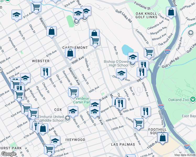 map of restaurants, bars, coffee shops, grocery stores, and more near 9467 MacArthur Boulevard in Oakland