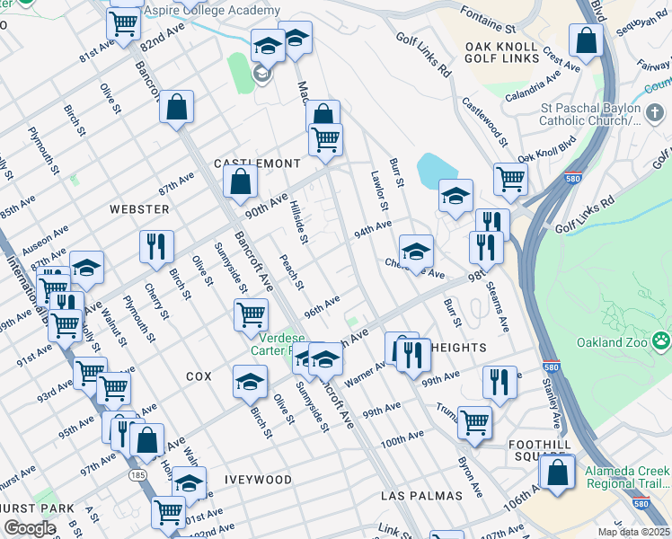 map of restaurants, bars, coffee shops, grocery stores, and more near 9467 MacArthur Boulevard in Oakland