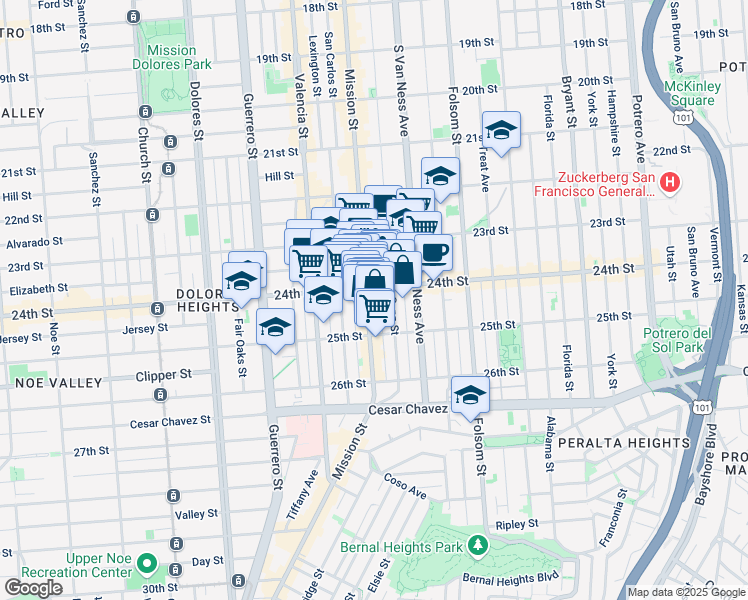map of restaurants, bars, coffee shops, grocery stores, and more near 2829 Mission Street in San Francisco