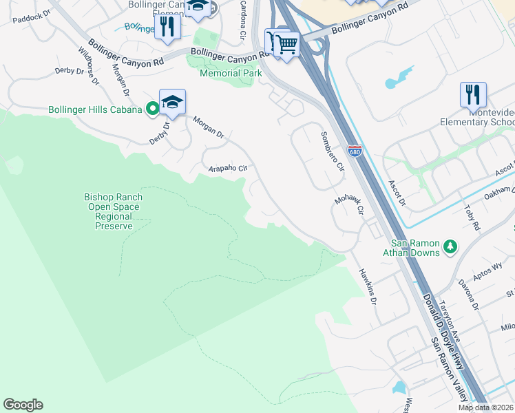 map of restaurants, bars, coffee shops, grocery stores, and more near 32 Cree Court in San Ramon
