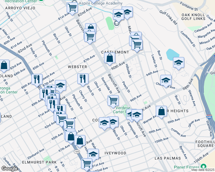 map of restaurants, bars, coffee shops, grocery stores, and more near 9216 Sunnyside Street in Oakland