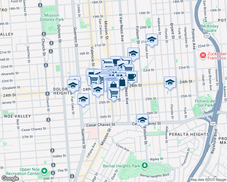 map of restaurants, bars, coffee shops, grocery stores, and more near 2829 Mission Street in San Francisco