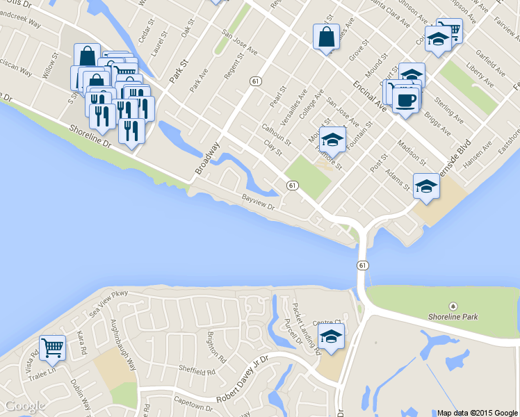 map of restaurants, bars, coffee shops, grocery stores, and more near 2904 Bayview Drive in Alameda