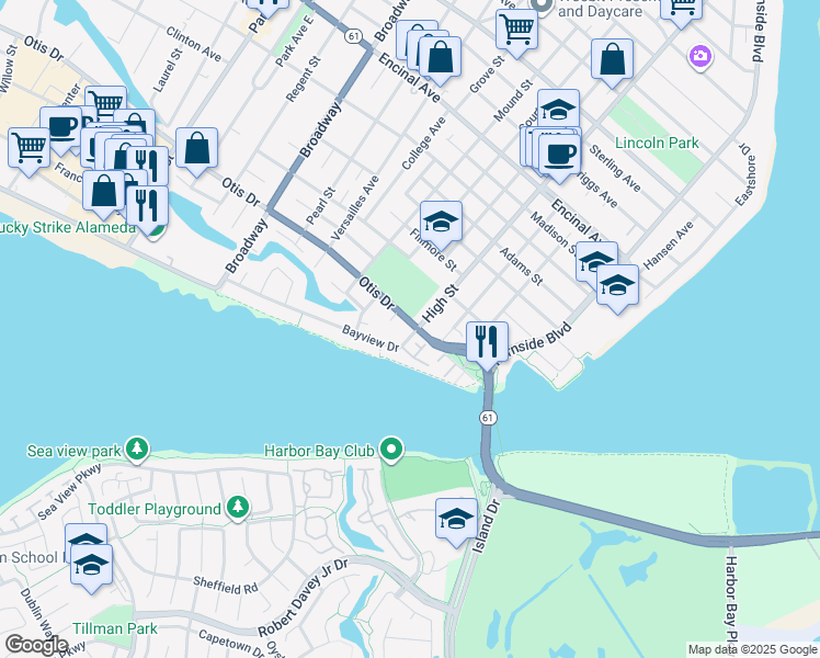 map of restaurants, bars, coffee shops, grocery stores, and more near 3171 Bayview Drive in Alameda
