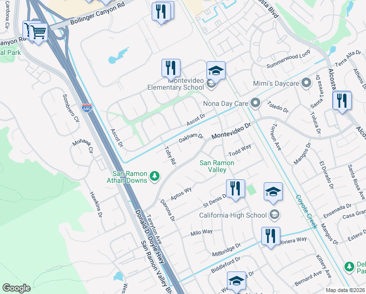 map of restaurants, bars, coffee shops, grocery stores, and more near 411 Hampton Court in San Ramon