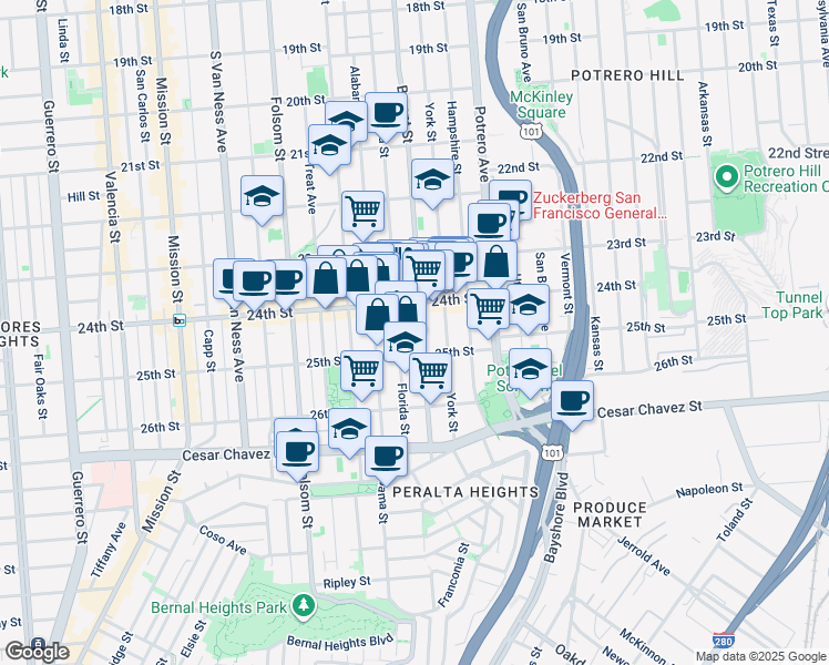 map of restaurants, bars, coffee shops, grocery stores, and more near 2658 Bryant Street in San Francisco
