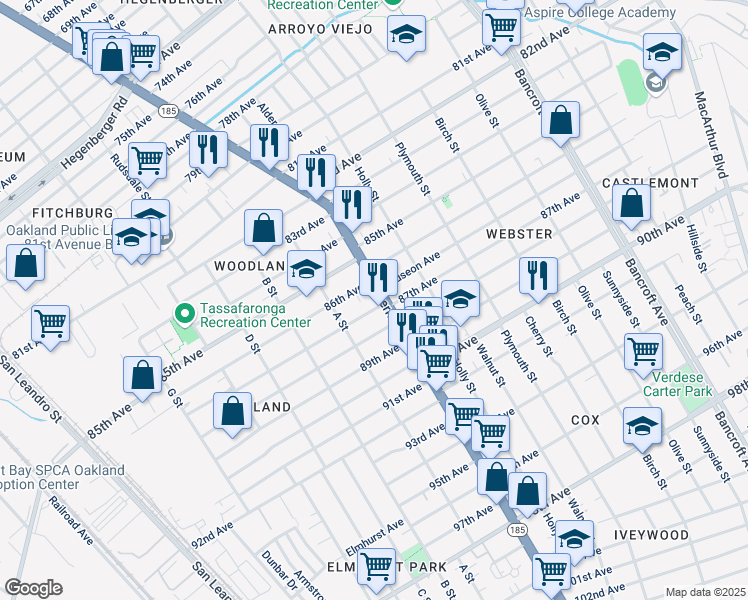 map of restaurants, bars, coffee shops, grocery stores, and more near 8627 International Boulevard in Oakland